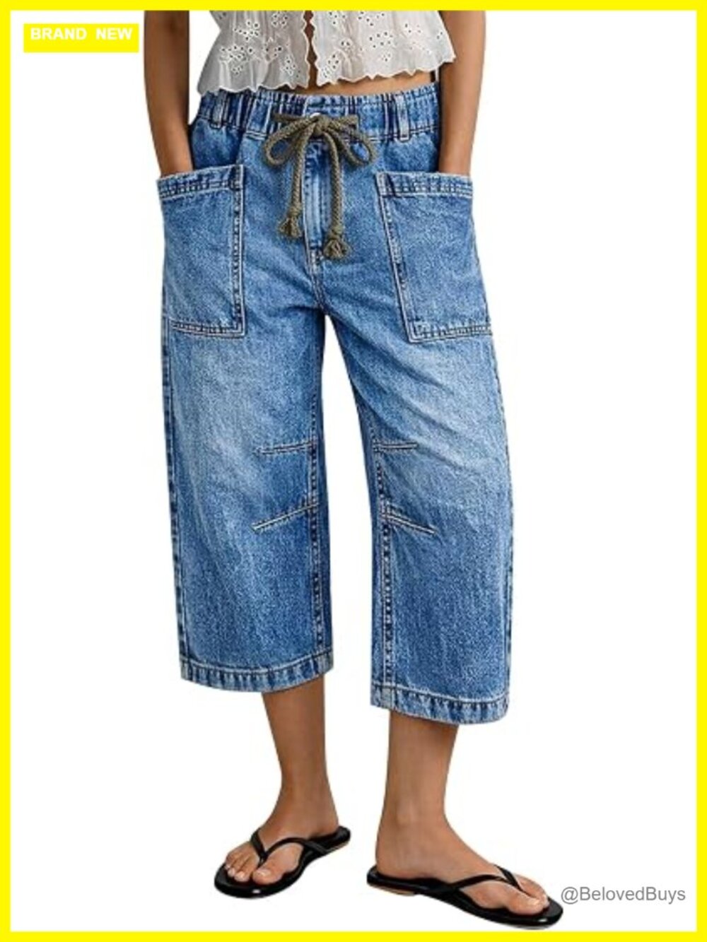 Mid Waist Barrel Leg Capri Jeans with Drawstring and Patched Pockets High